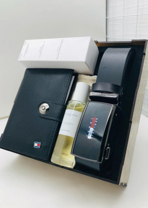 Подарочный набор для мужчины ремень, кошелек, духи + коробка #21134419