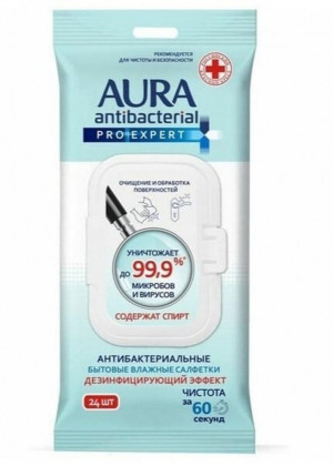 Влажные салфетки бытовые Aura Antibacterial Pro-Expert, белый, 24 ш #21946720